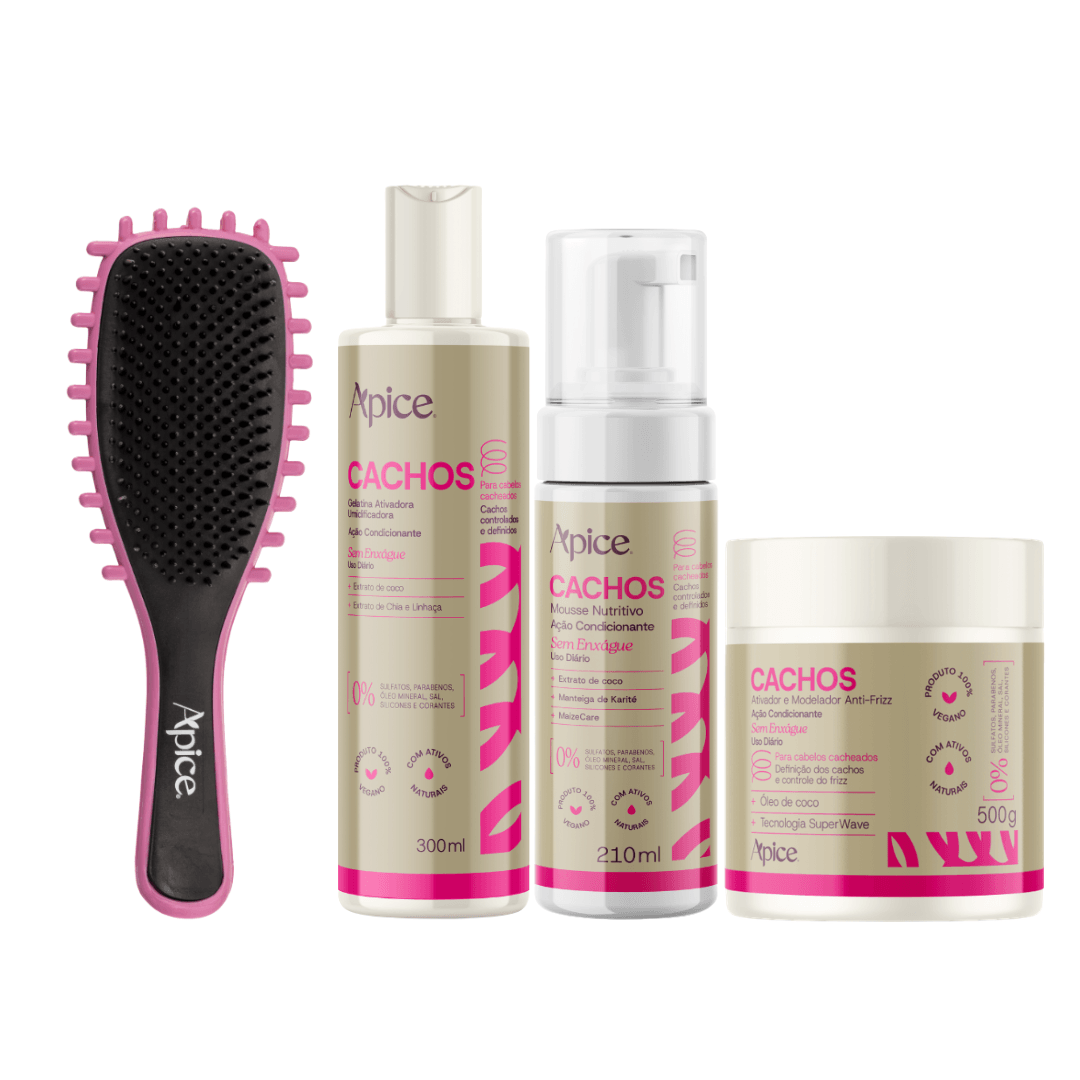 Kit Cachos Completo - Escova Rosa, Gelatina, Ativador e Mousse (4