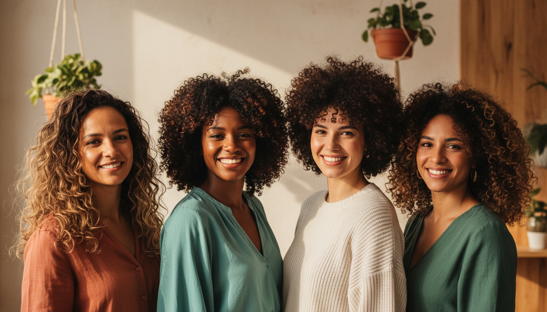 Grupo de mulheres brasileiras com diferentes tipos de cacho, do ondulado ao crespo, mostrando a diversidade de curvaturas naturais