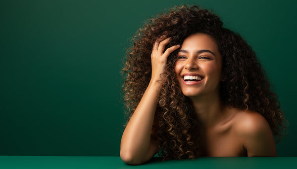 Mulher brasileira com cachos naturais 3B/3C, fundo verde esmeralda, energia celebratoria - capa editorial Apice