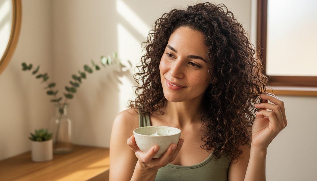 Mulher brasileira com cachos definidos e brilhantes cuidando do cabelo com máscara capilar em ambiente natural e acolhedor