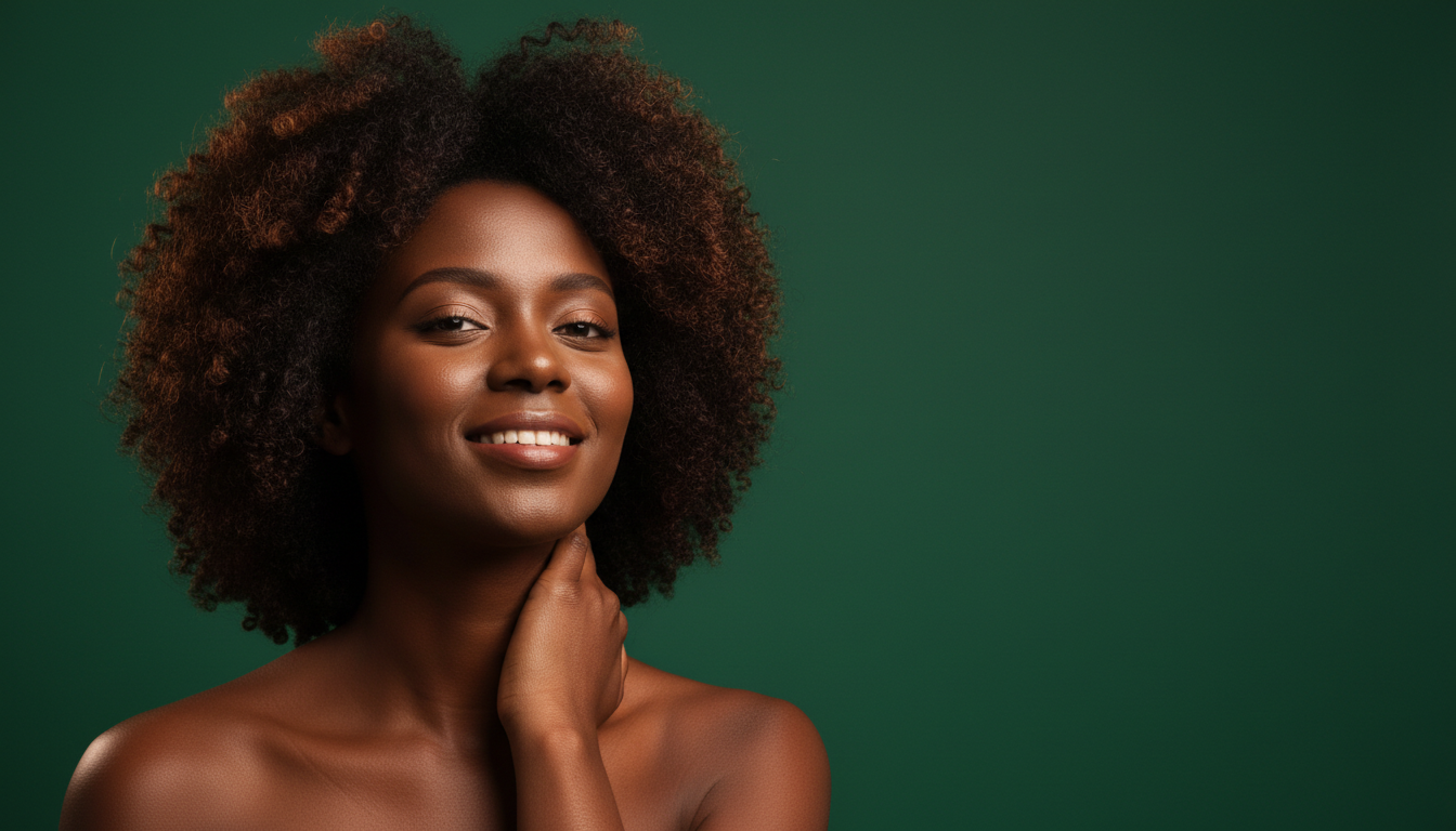 Mulher brasileira com coils naturais 4A, pele ebano, fundo verde esmeralda - capa editorial Apice