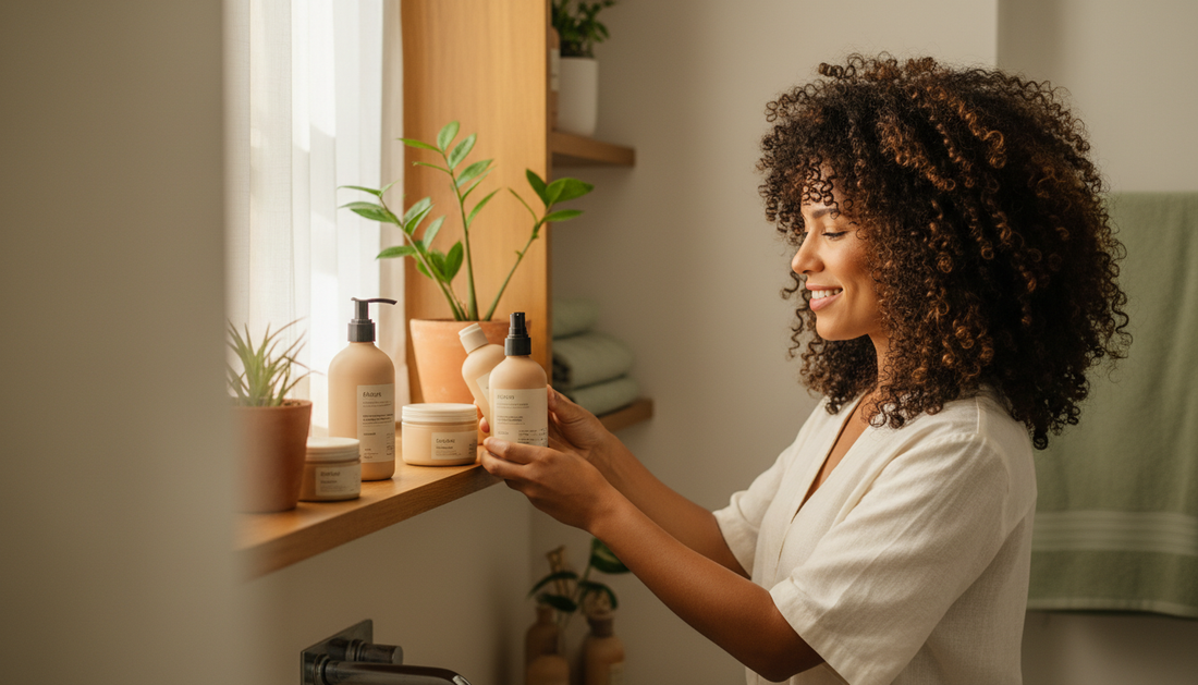 Mulher cacheada brasileira sorrindo ao organizar seus produtos capilares da Ápice sobre a bancada, em luz natural suave