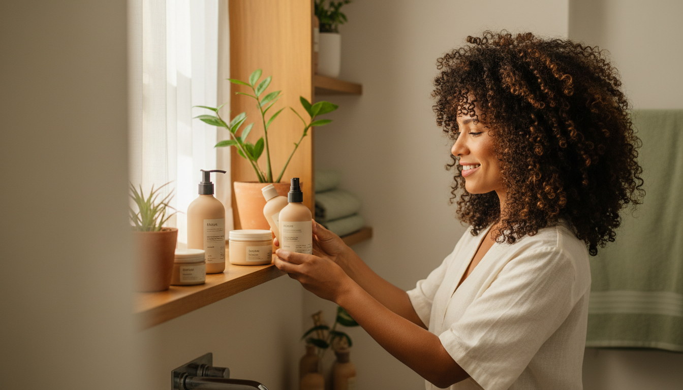 Mulher cacheada brasileira sorrindo ao organizar seus produtos capilares da Ápice sobre a bancada, em luz natural suave