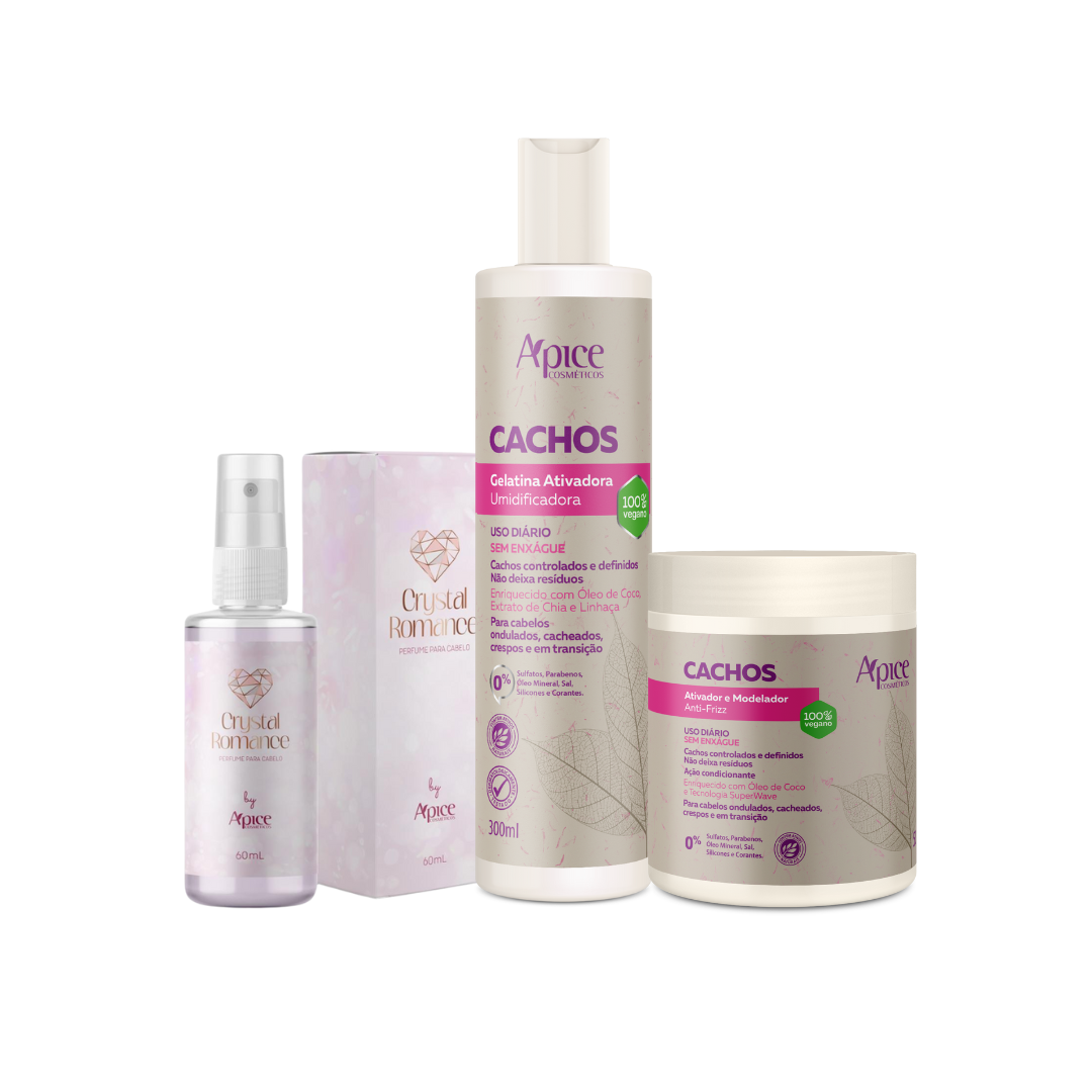 Kit Ativador e Modelador Cachos, Gelatina Ativadora Cachos e Perfume Crystal Romance (3 itens)