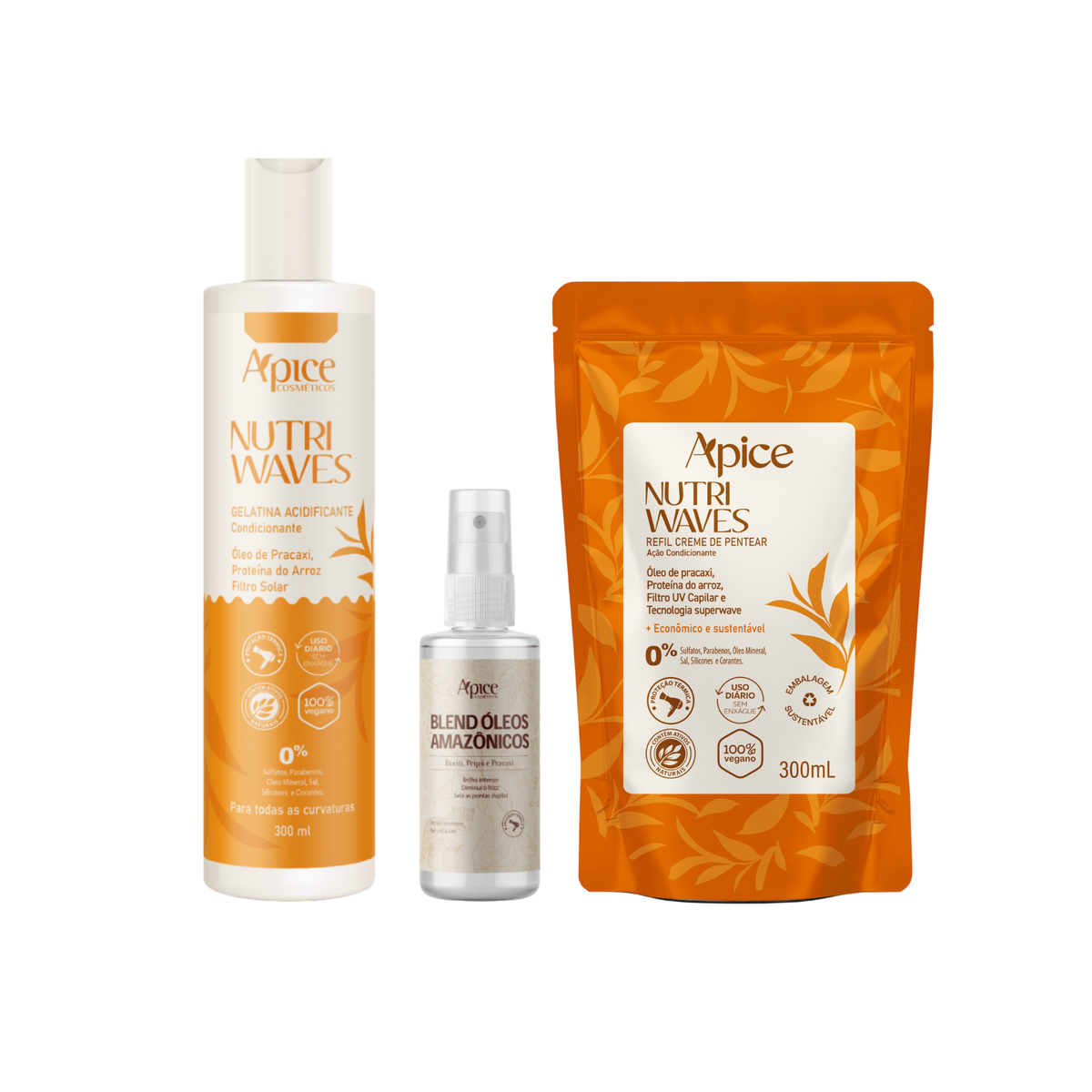 Kit Finalização Nutri Waves - Gelatina Acidificante, Blend de Óleos Amazônicos 60ml e Creme de Pentear Refil 300g