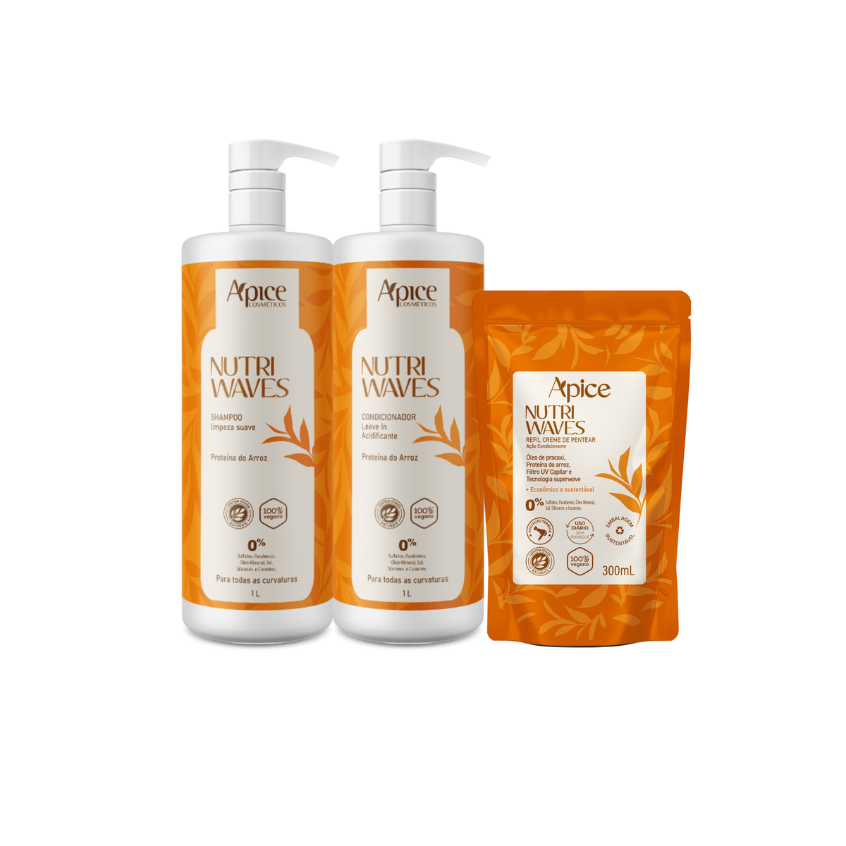 Kitão Trio Onduladas - Shampoo Nutri Waves 1000ml, Condicionador Leave-In 1000ml e Creme de Pentear Nutri Waves Refil 300g