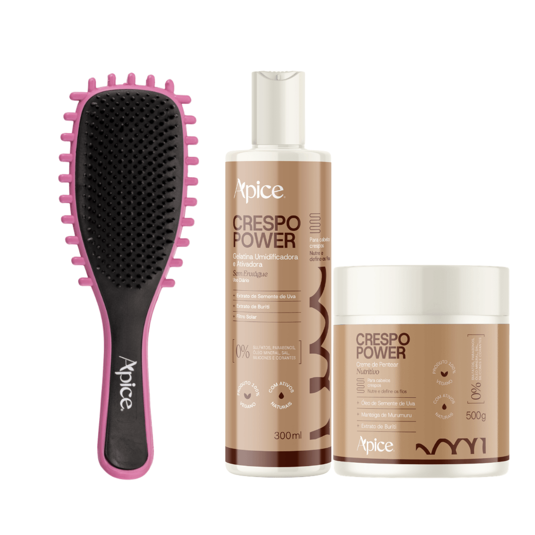Kit Crespo Essencial - Escova Rosa, Gelatina e Creme de Pentear (3 ITENS)