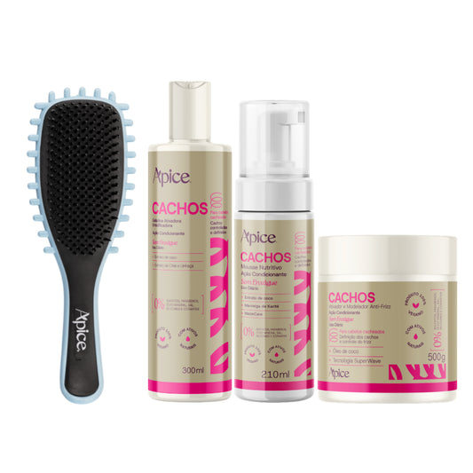 Kit Cachos Completo - Escova Azul, Gelatina, Ativador e Mousse (4 ITENS)