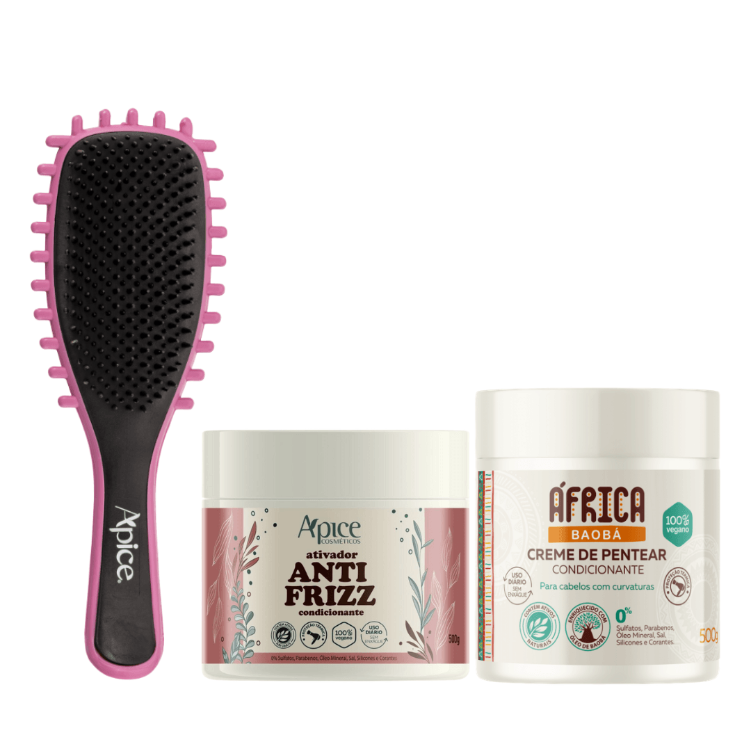 Kit Mix Antifrizz - Escova Rosa, Ativador Antifrizz e Creme de Pentear (3 ITENS)