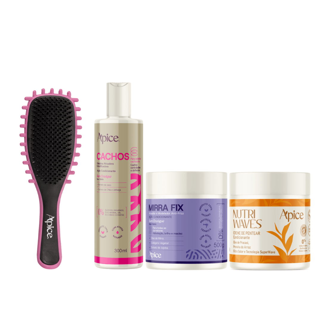 Kit Mix Completo - Escova Rosa, Gelatina, Ativador e Creme de Pentear (4 ITENS)