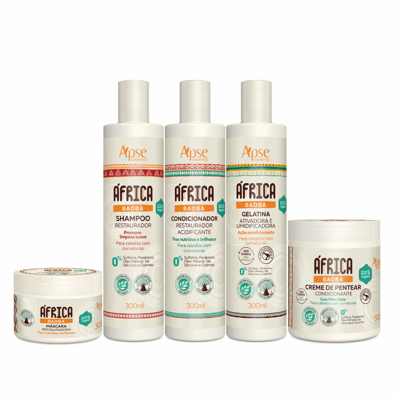 Kit África Baobá - Shampoo, Condicionador, Gelatina, Máscara e Creme de Pentear (5 ITENS)