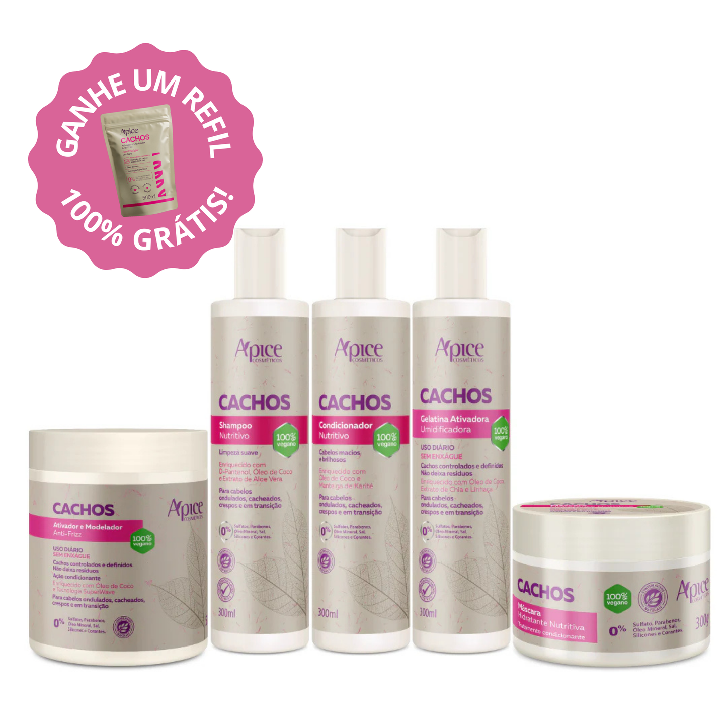 Kit Cachos - Shampoo, Condicionador, Gelatina, Máscara e Ativador (5 ITENS) + Refil Grátis!