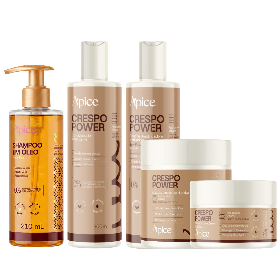 KIT CRESPO BRILHO INTACTO - Shampoo em óleo, Condicionador, Gelatina, Máscara e Creme de Pentear