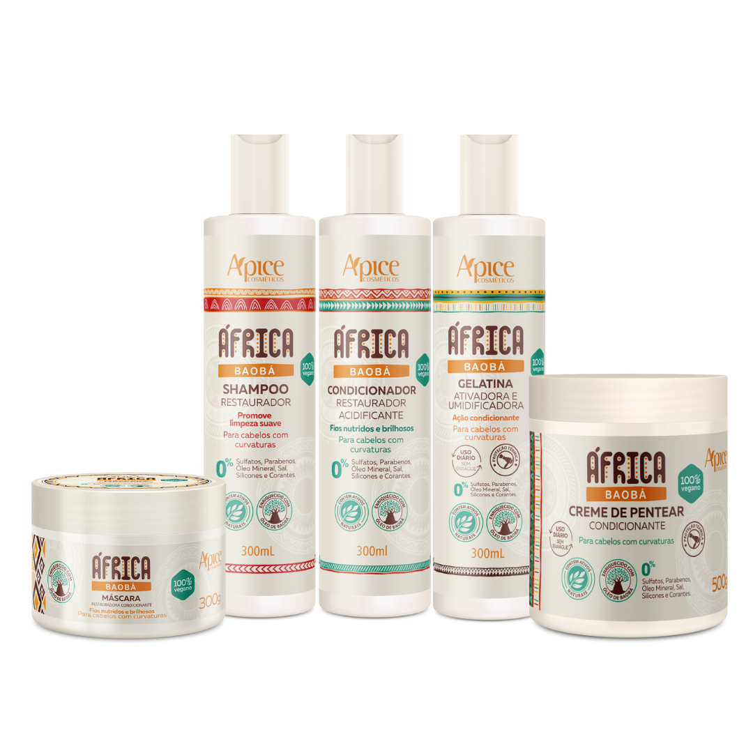 Kit África Baobá - Shampoo, Condicionador, Gelatina, Máscara e Creme de Pentear (5 ITENS) - Image 1