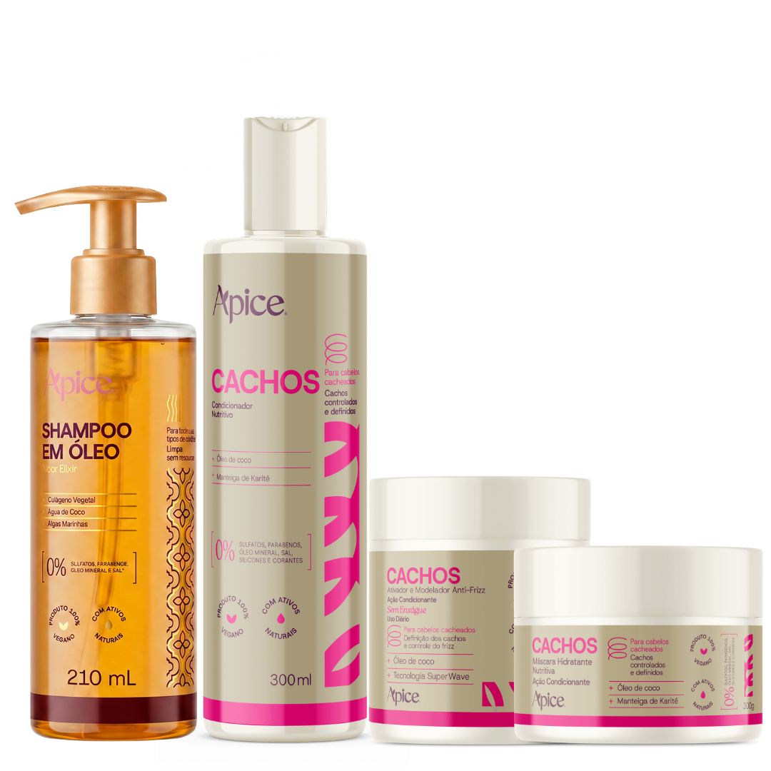 KIT CACHOS BRILHO INTACTO - Shampoo em óleo, Condicionador, Máscara e Ativador