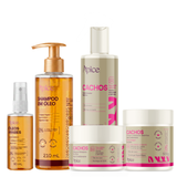 Kit Cachos Brilho Intenso - Shampoo em óleo, Condicionador, Gelatina, Máscara e Ativador