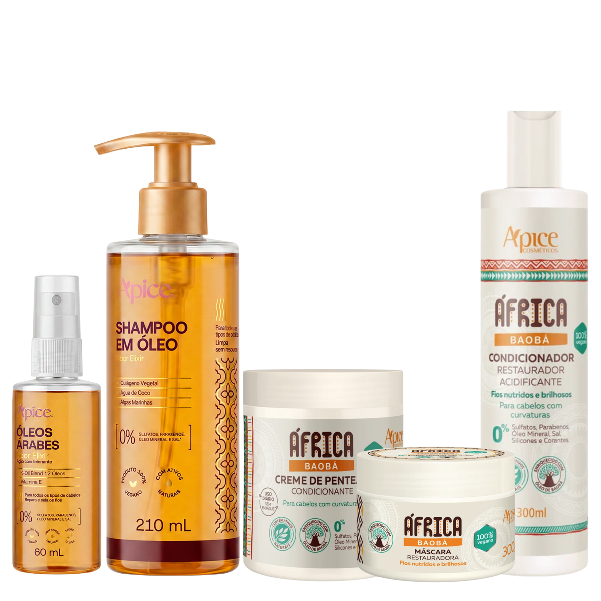 Kit Glass África Baobá - Shampoo em Óleo, Óleo Árabe, Condicionador, Máscara e Creme