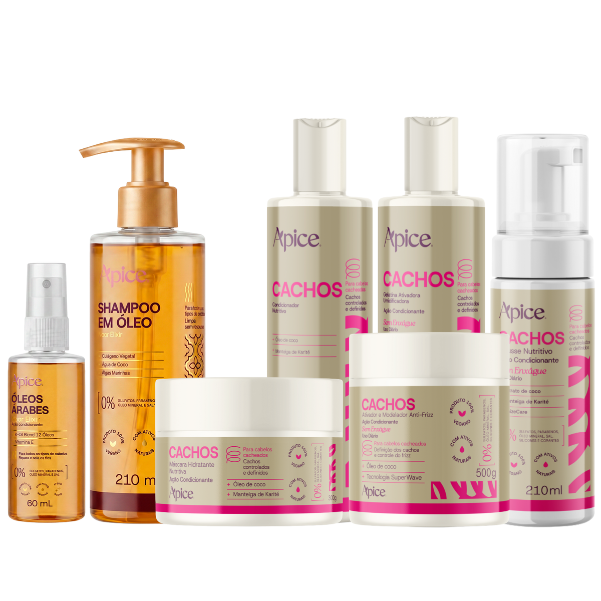Kit Glass Cachos Completo - Shampoo em Óleo, Óleo Árabe, Condicionador, Máscara, Ativador, Gelatina e Mousse
