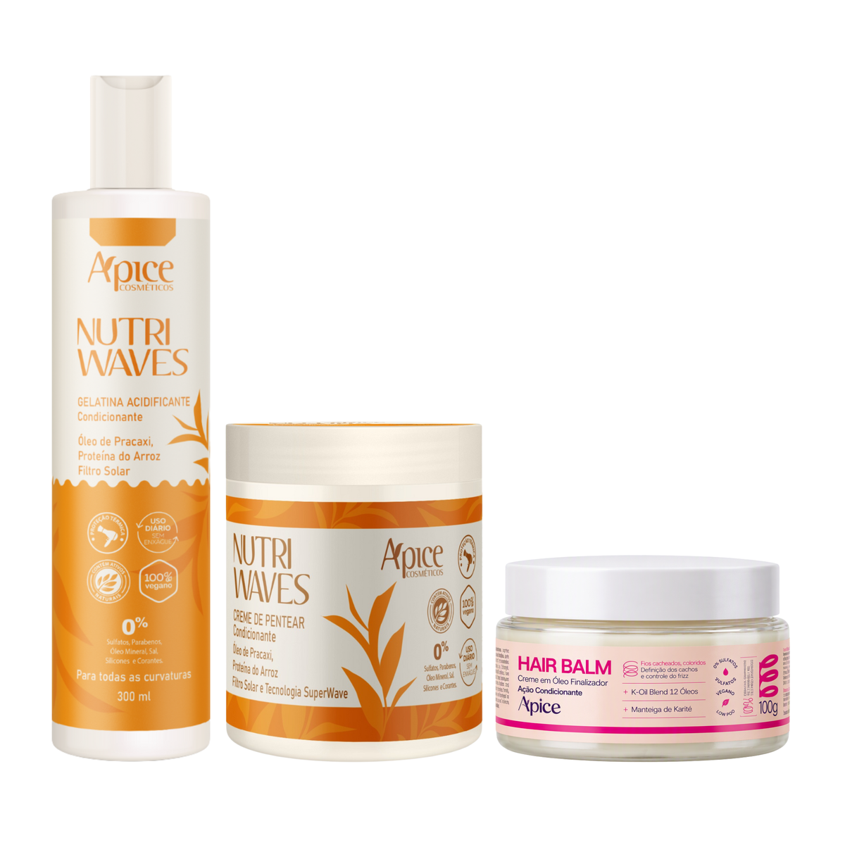Kit Nutri Waves Frizz Zero – Hair Balm, Gelatina e Creme de Pentear