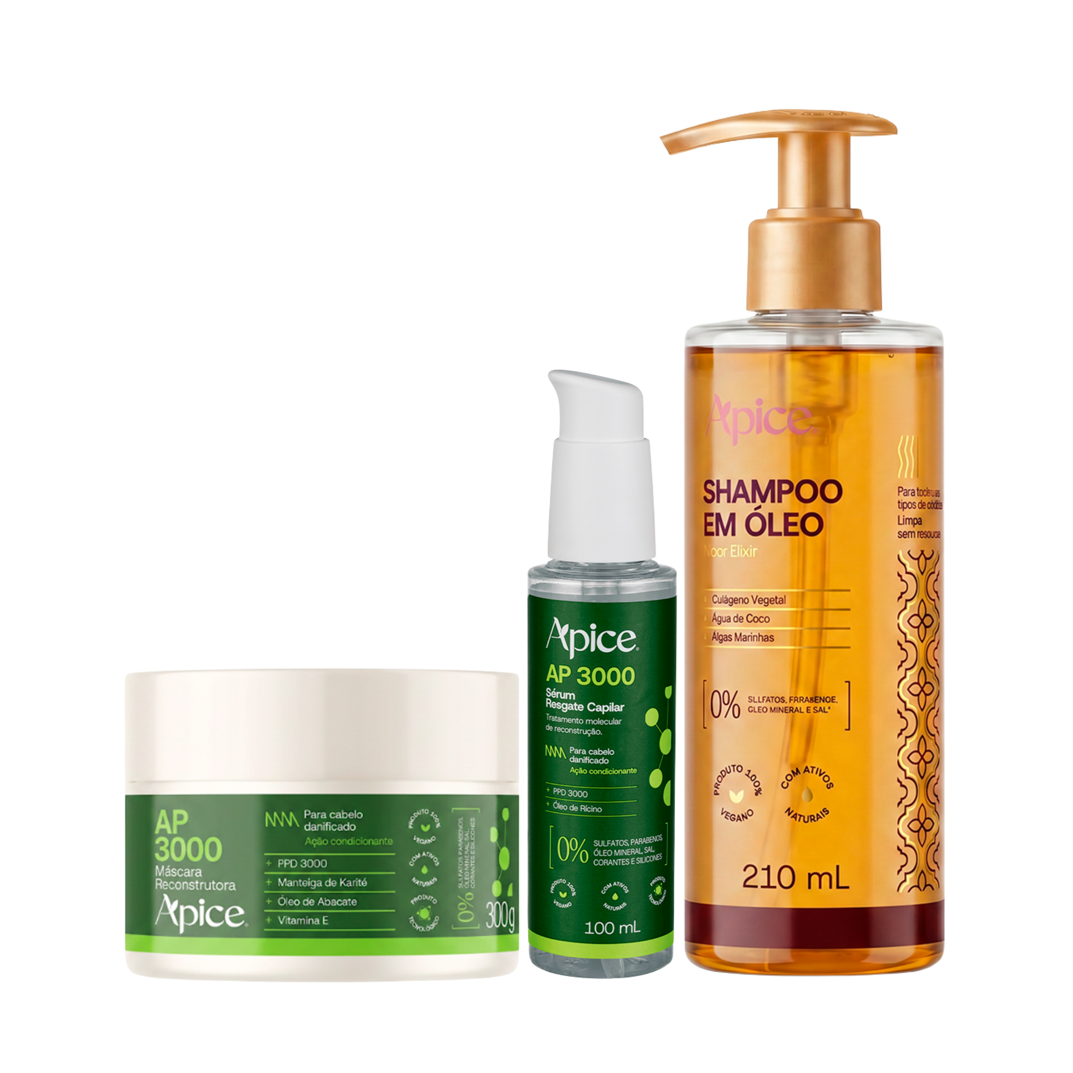 Kit Reconstrução com Brilho - Shampoo em óleo, Máscara AP3000 e Sérum AP3000