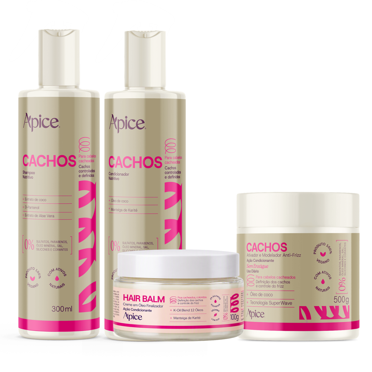 Kit Cachos Frizz Zero – Hair Balm, Shampoo, Condicionador e Ativador (4 ITENS)