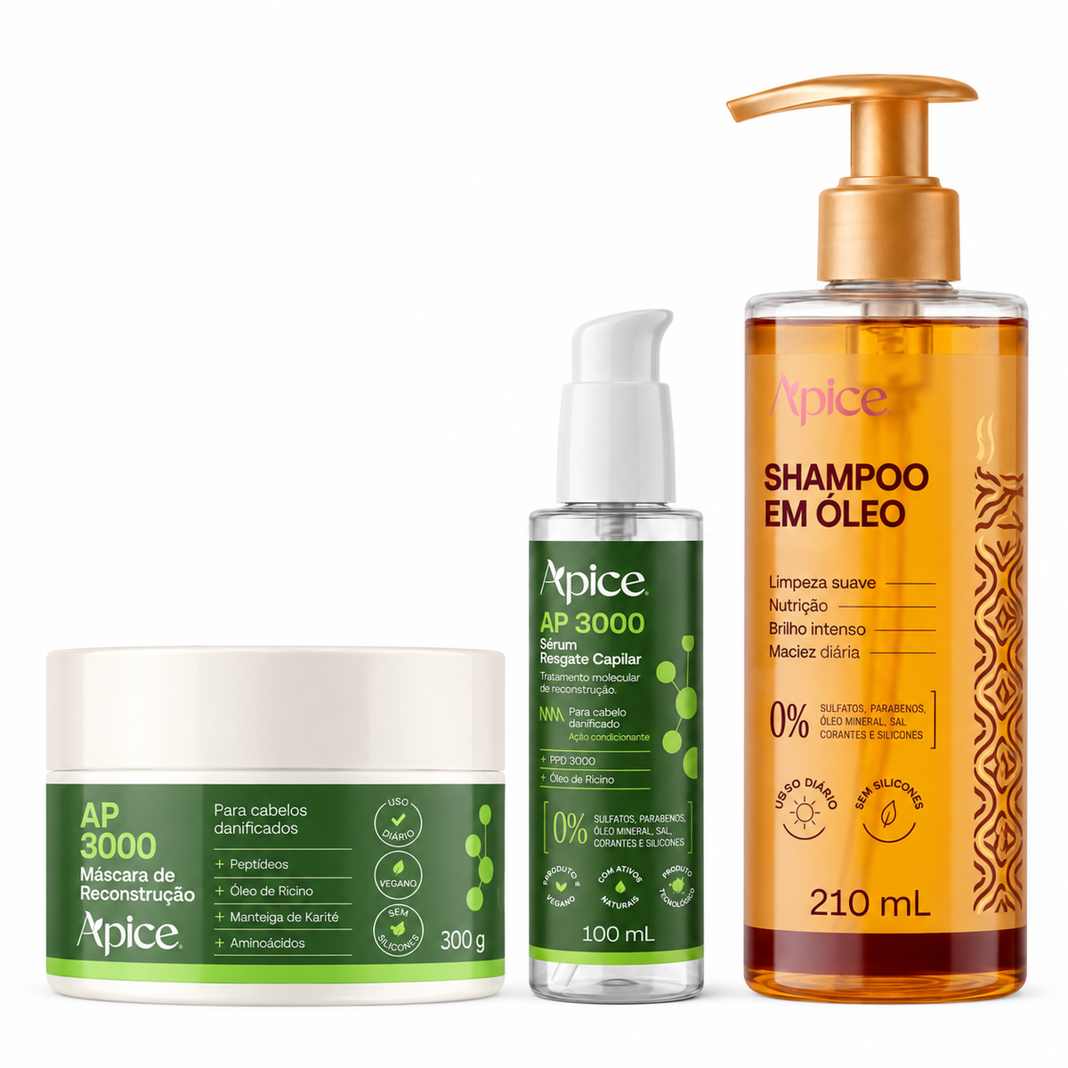 Kit Reconstrução com Brilho - Shampoo em óleo, Máscara AP3000 e Sérum AP3000