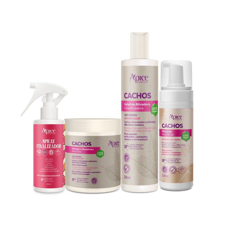 Kit Cachos Finalizadores - Mousse, Gelatina Ativadora, Ativador e Modelador e Spray Finalizador