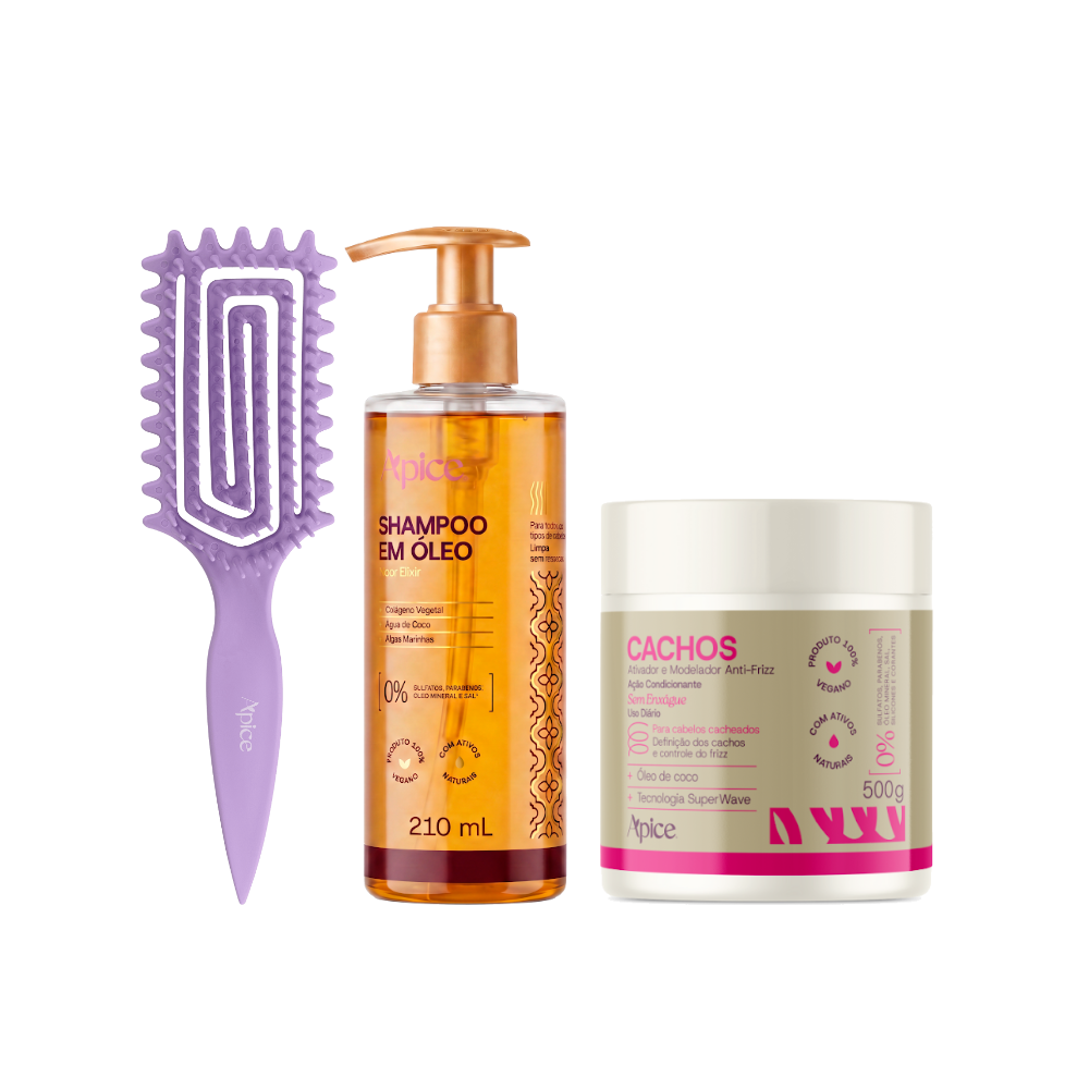 KIT GLASS CACHOS - Shampoo em óleo, Escova Lilás e Ativador