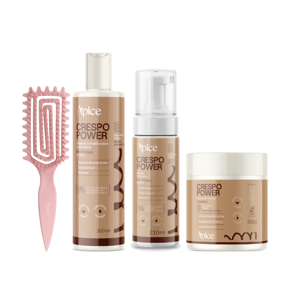 Kit Crespo Completo - Escova Rosa, Gelatina, Creme de Pentear e Mousse